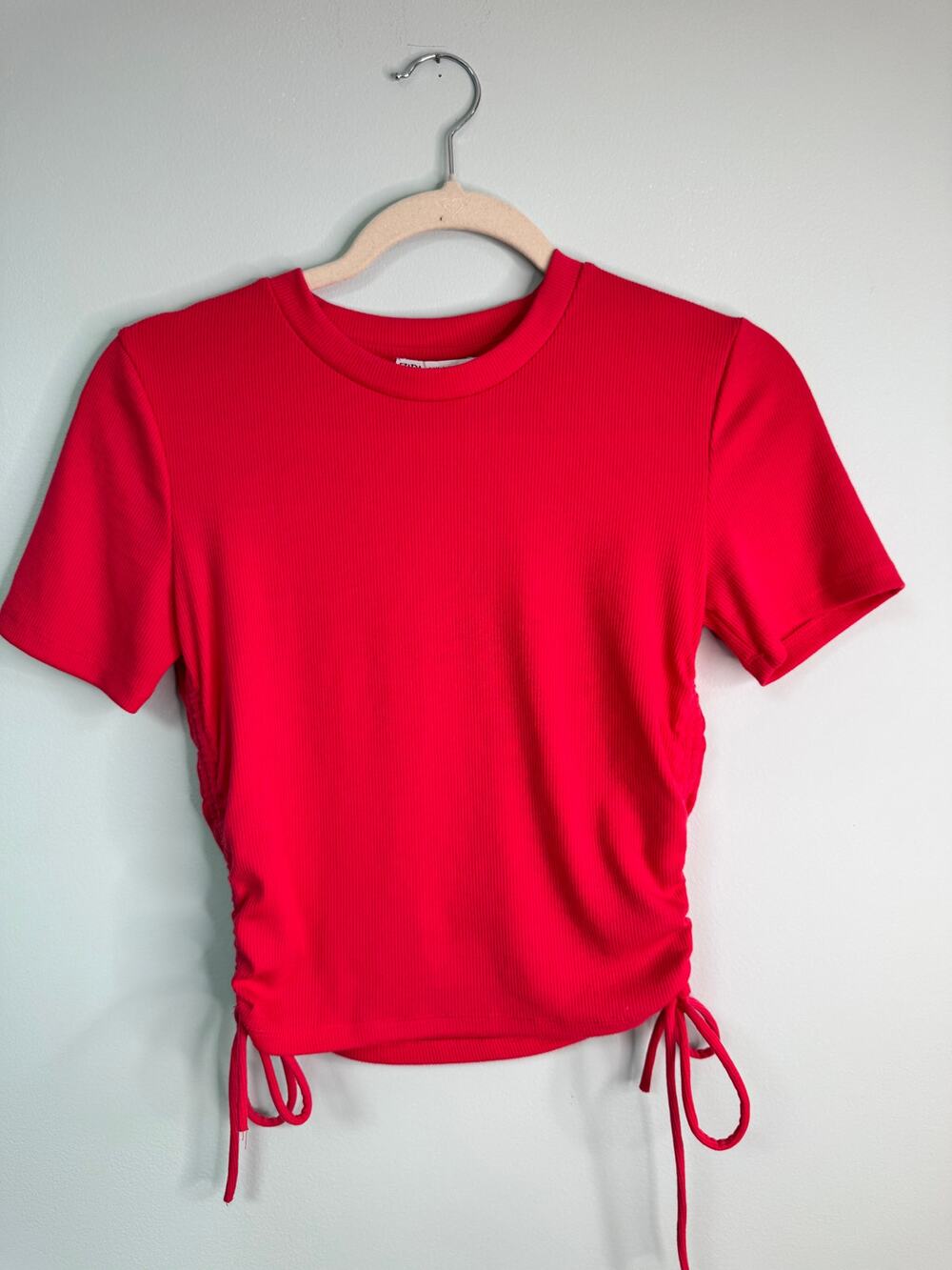 EUC! Zara Short Sleeve Ribbed Ruched Top - Bright Pink - Size Medium